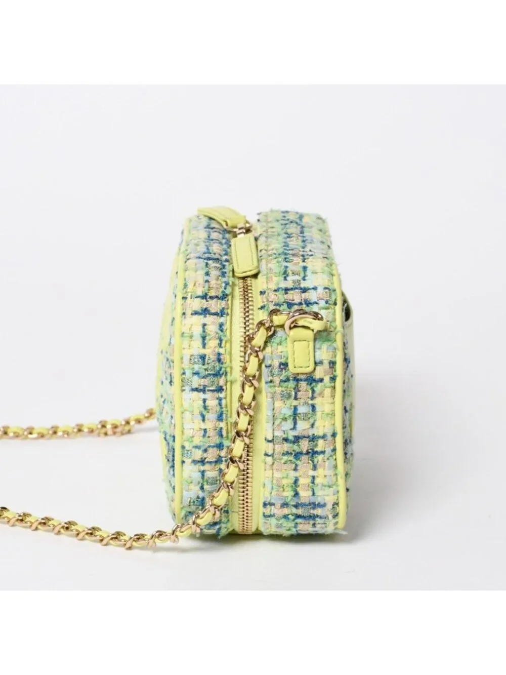 Chanel CC Mania Small Camera Bag CC Logo Lime Green Multicolor Tweed Lambskin